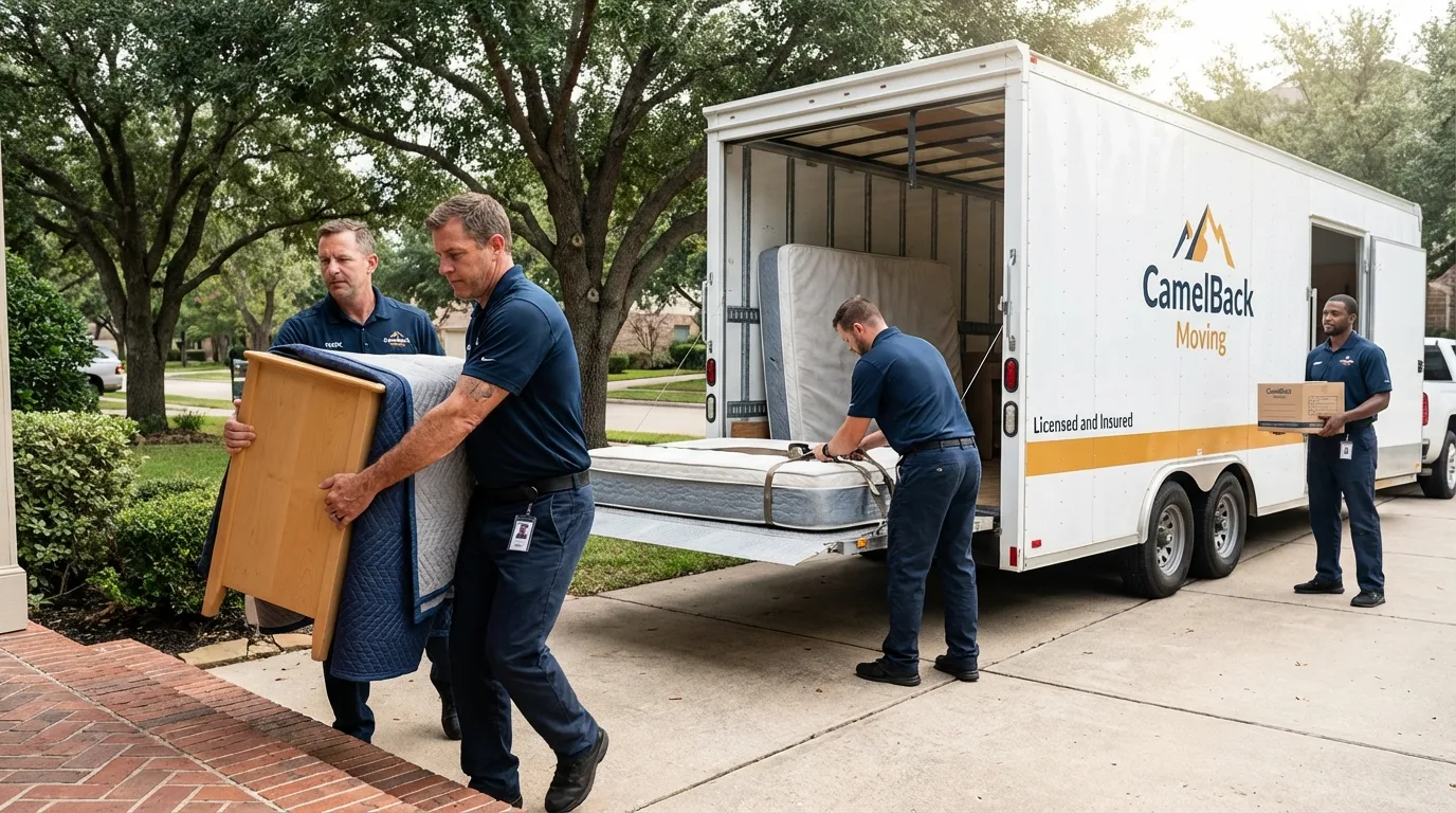Crew loading residential truck for cross-state move from Maricopa, CA
