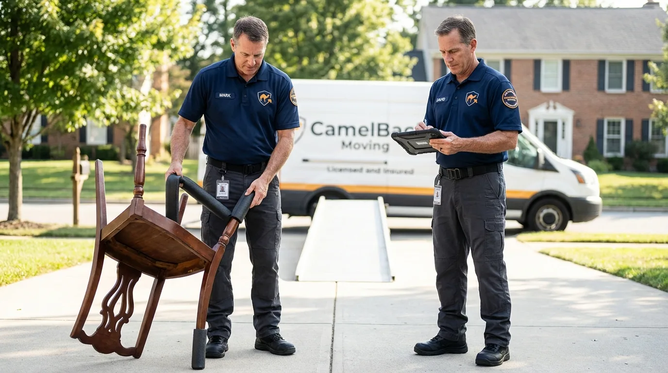 Movers inspecting furniture for damage prevention before loading in Maricopa, CA